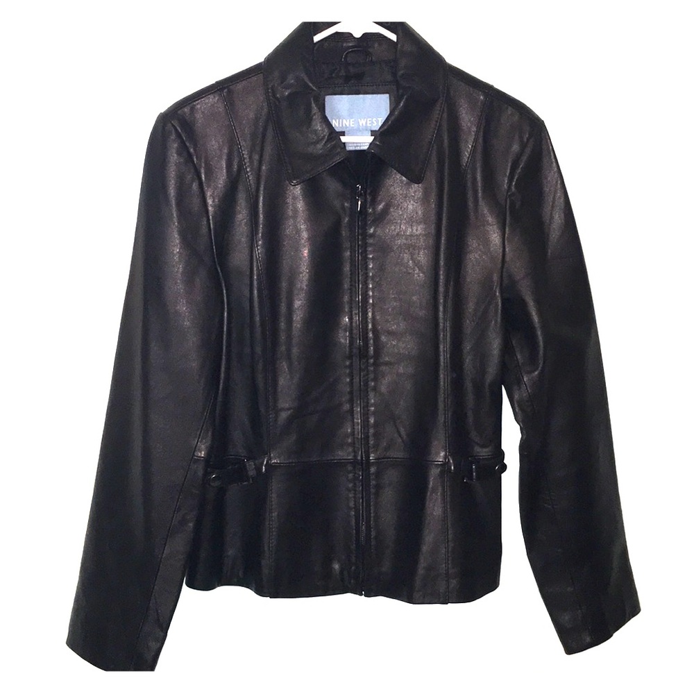Nine West 100% Black Leather Coat Sz Large